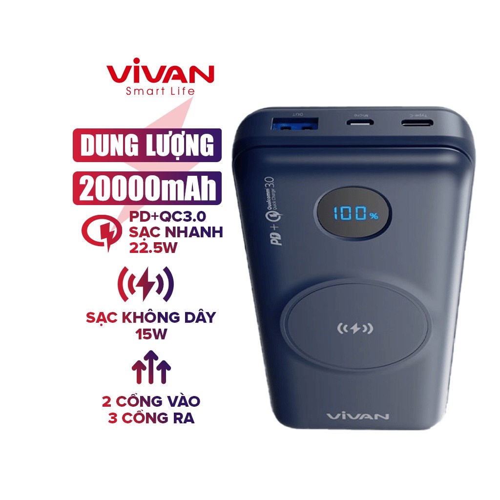 Sạc dự phòng không dây VIVAN W20 20.000mAh